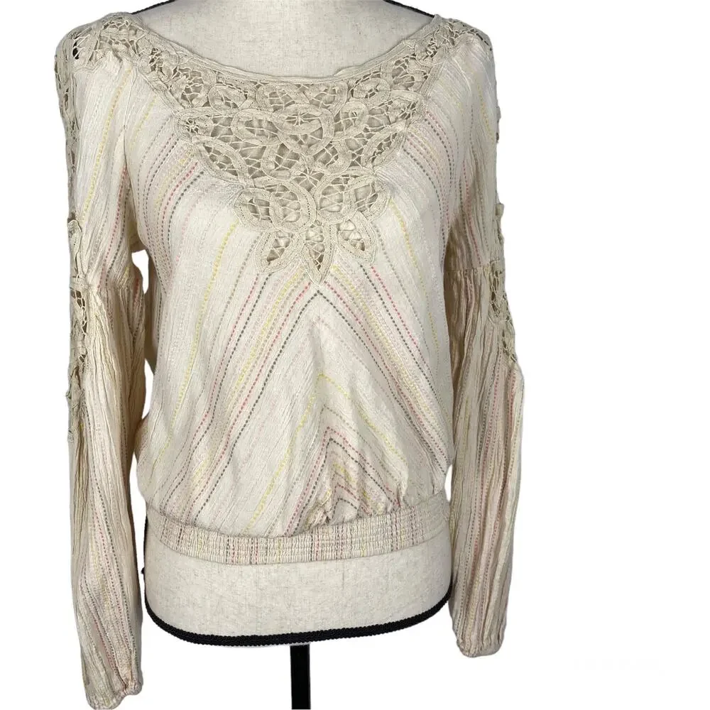 Free People Floating Memories Blouse Cotton Eyelet Pullover Top Beige Womens Sm